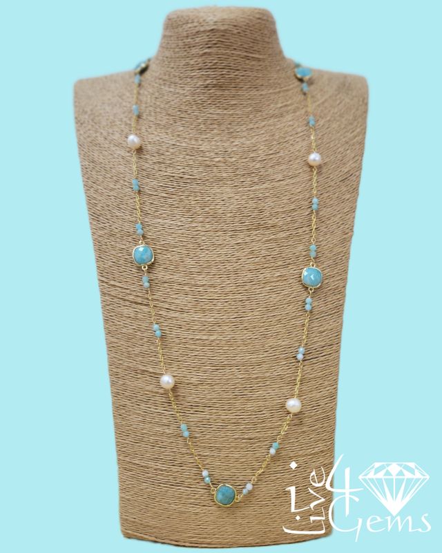 Amazonite and Cultured Pearl Station Necklace