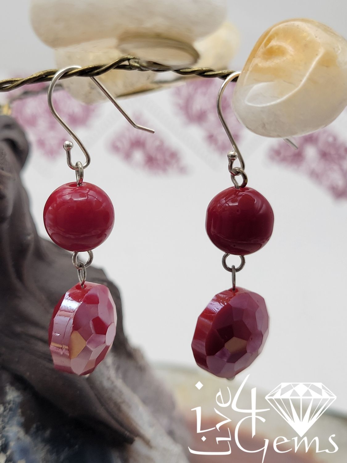 Silver Round Red Mother of Pearl and Faceted Crystal Gemstone Earring