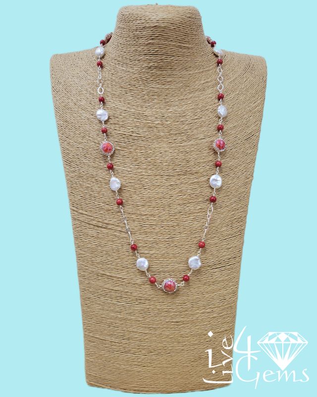 Red Coral, Freshwater Coin Pearl and Druzy Gemstone Necklace