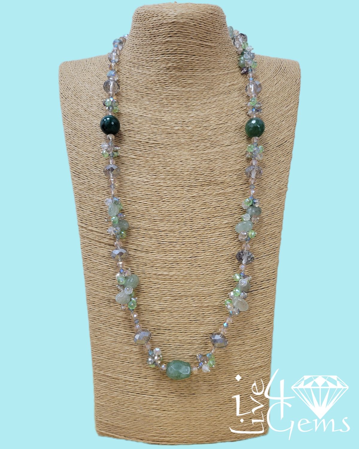 38" Green Aventurine and Faceted Crystal Gemstone Necklace