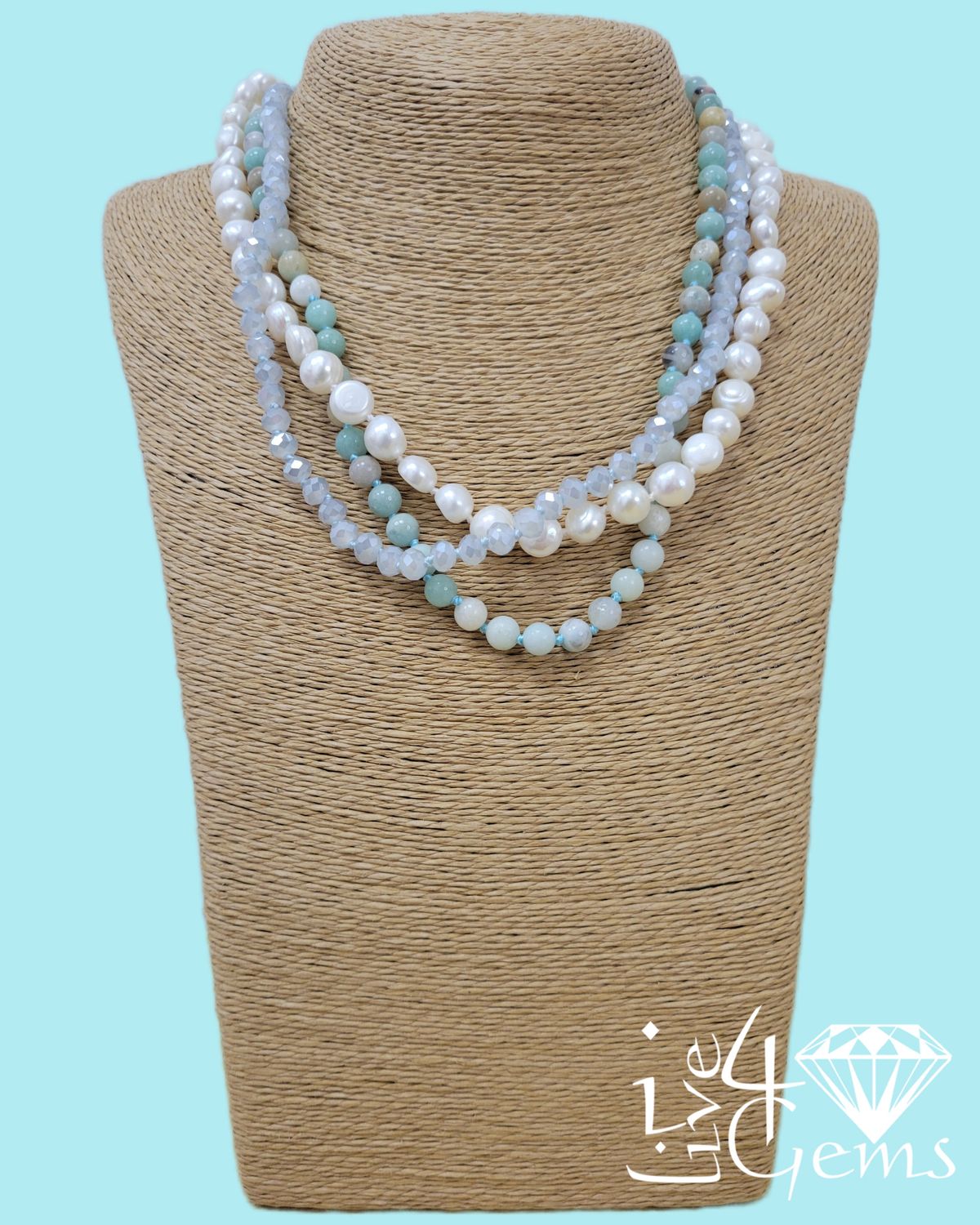 18" Amazonite, Freshwater Pearl and Crystal Triple Strand Necklace