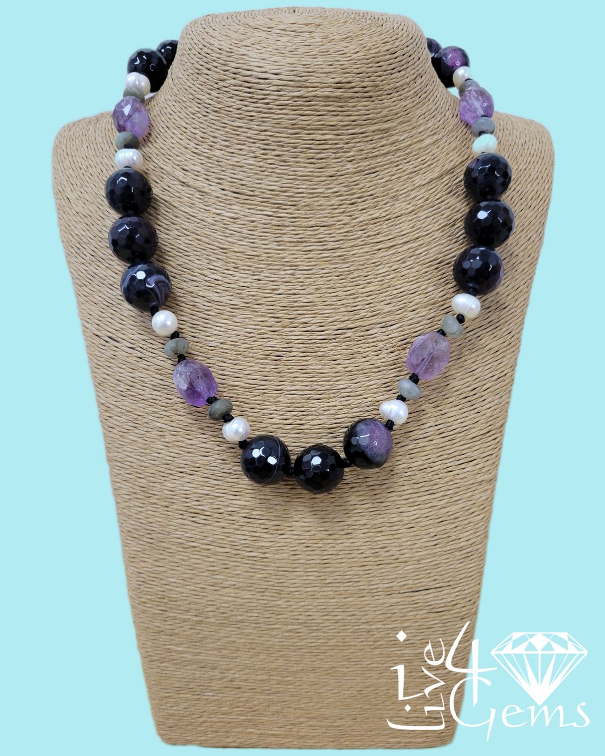 18" Amethyst, Black Striped Agate, Labradorite and Pearl Necklace
