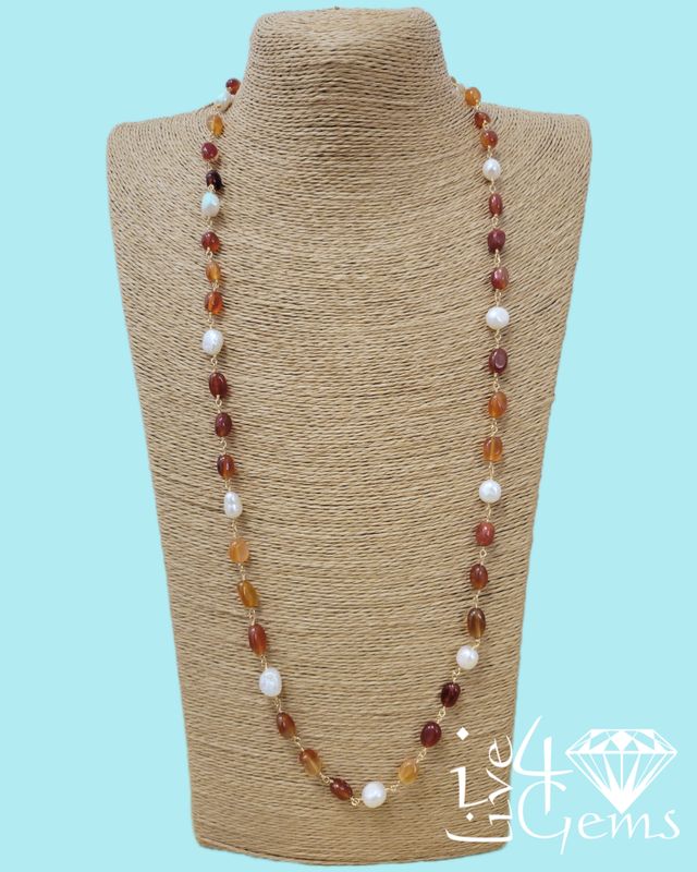 36" Carnelian and Freshwater Cultured Pearl Necklace