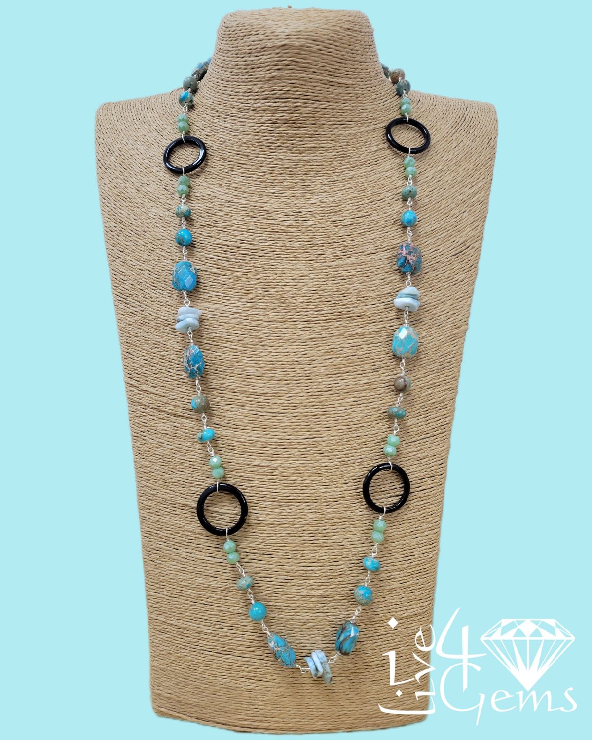 34" Imperial Jasper, Larimar, Onyx Ring Gemstone Necklace