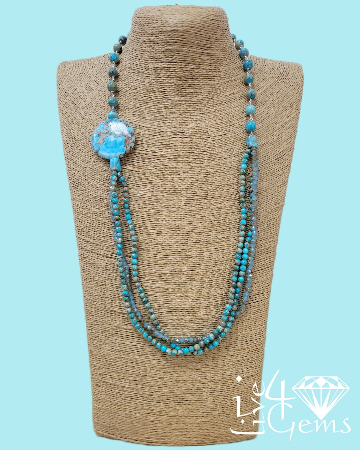 28" Imperial Jasper and Crystal Triple Strand Statement Necklace