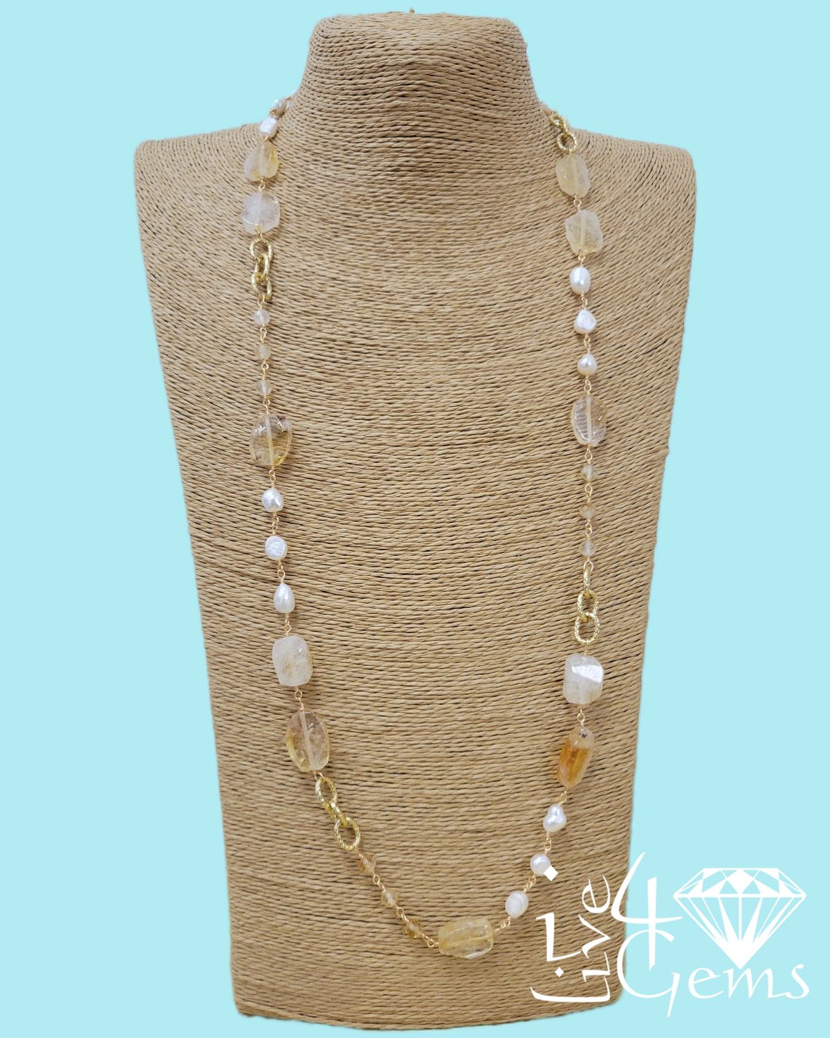 32" Rectangle Citrine and Freshwater Pearl Necklace
