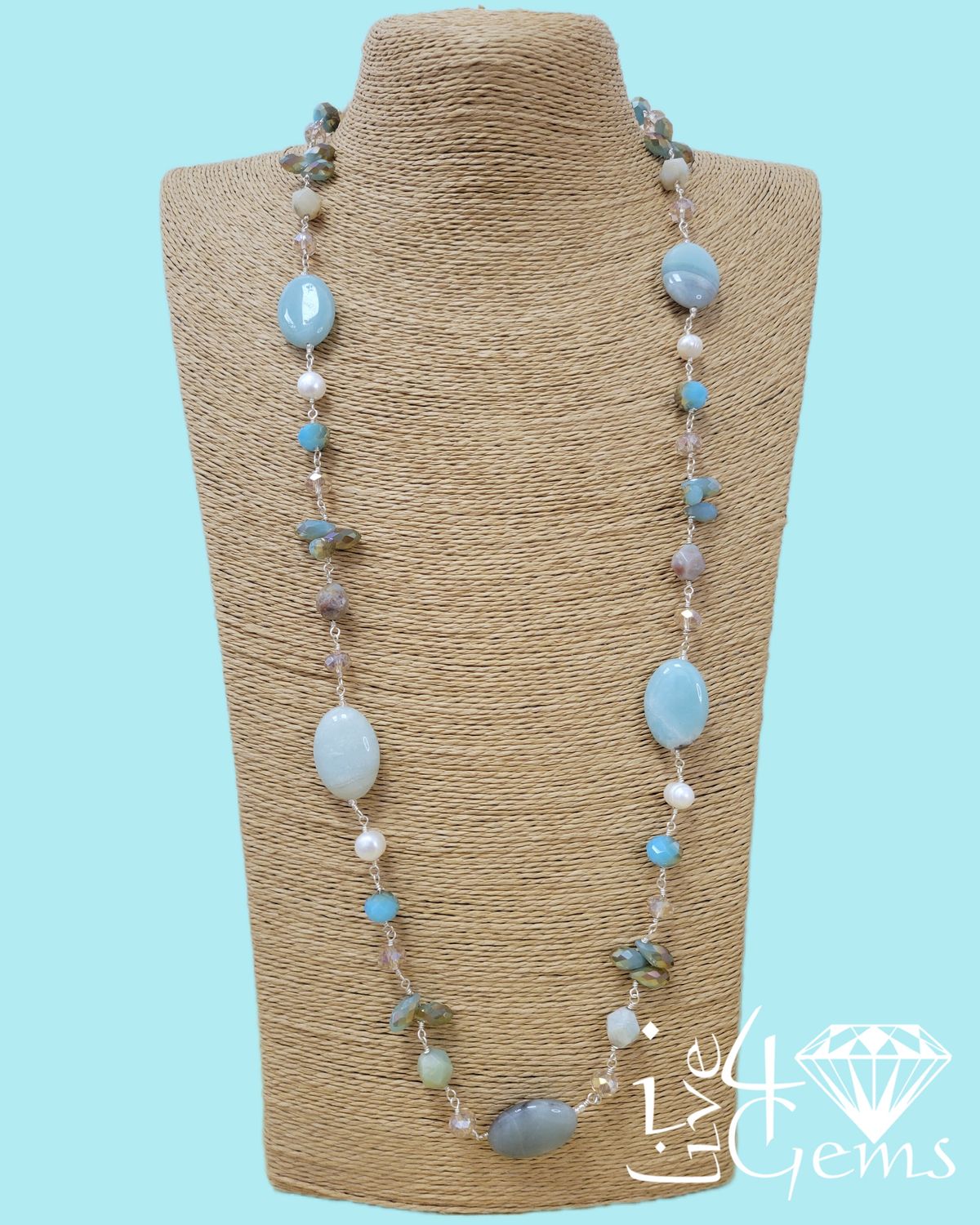 36" Amazonite, Freshwater Pearl and Crystal