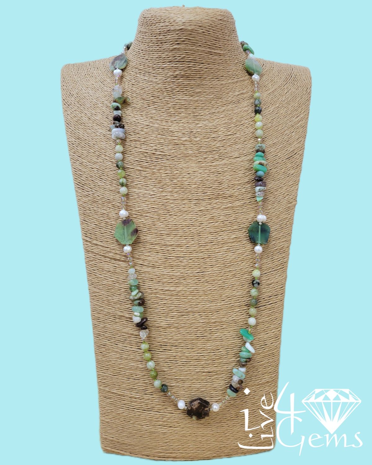 34" Hexagon and Round Chrysoprase, Freshwater Pearl and Crystal Necklace