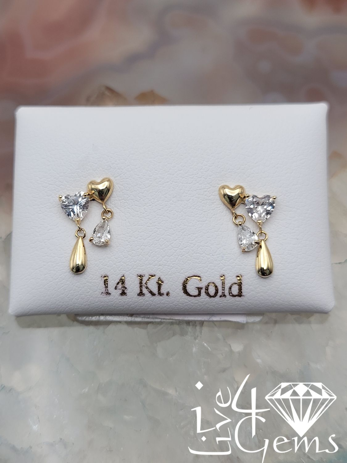 14kty Double Heart Cz Dangle Stud Earring