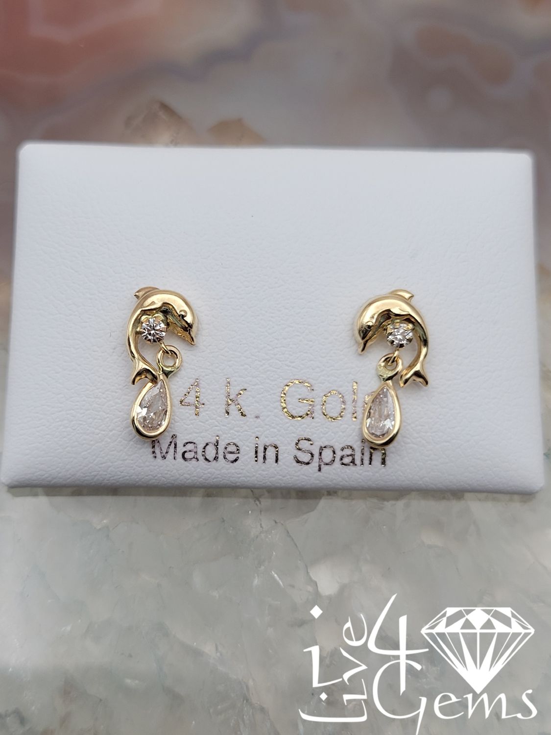 14kty Dolphin Cz Teardrop Dangle Screwback Earring