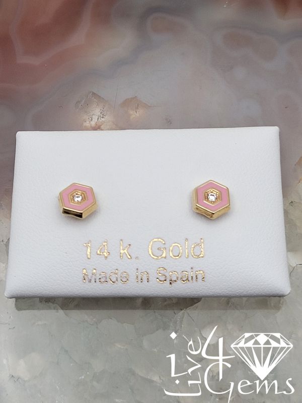 14kty Pink Enamel Hexagon Screwback Earring