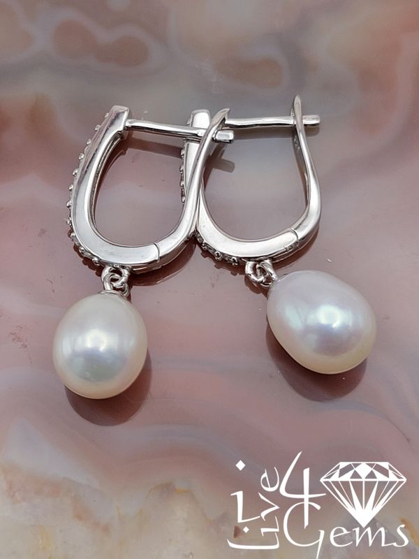 Silver Cz Hoop w Dangling White Pearl Earring