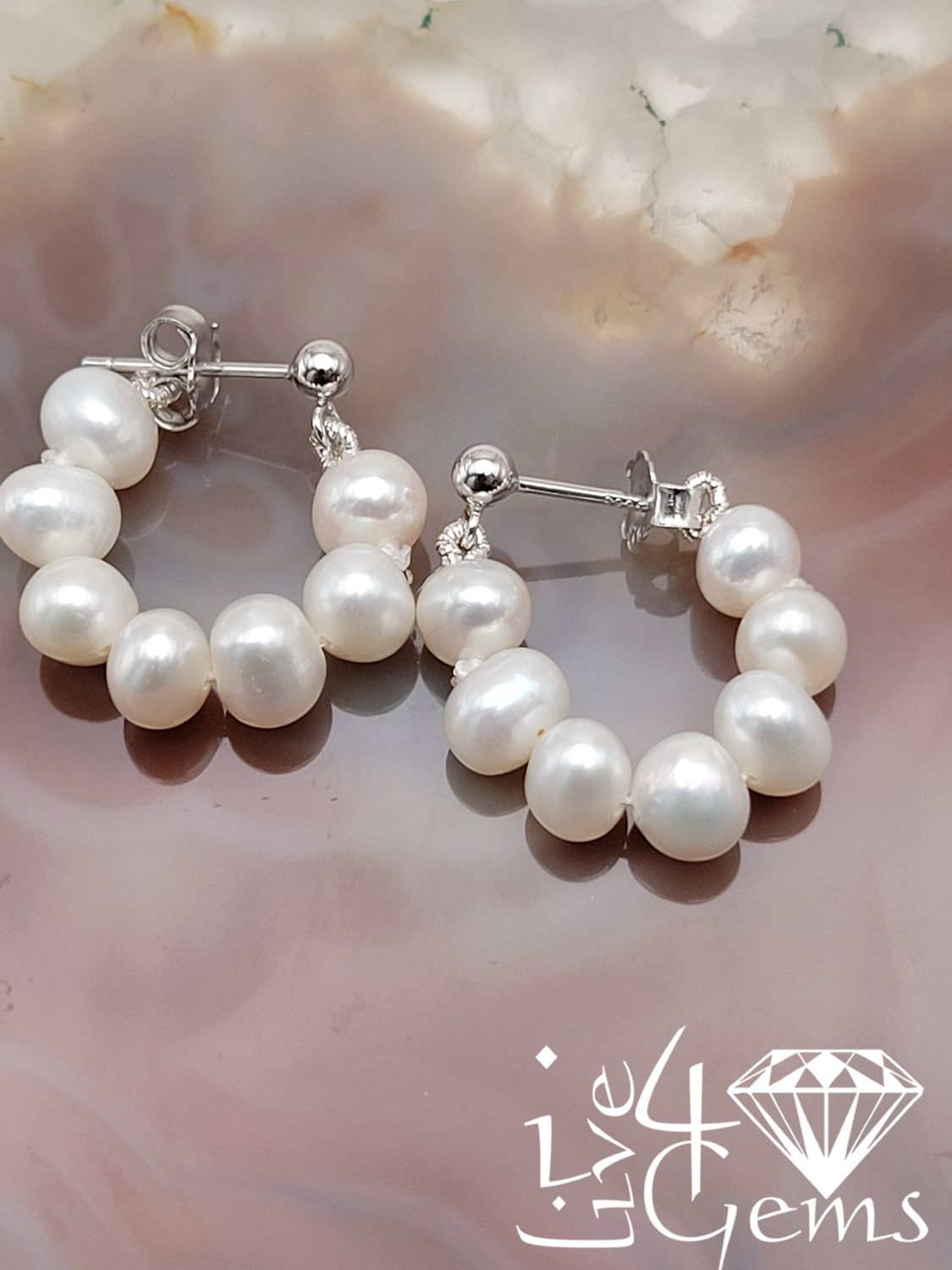 Silver Freshwater Pearl Beaded Hoop Earring White