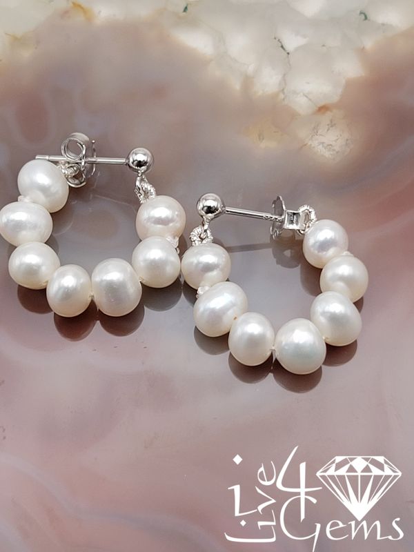 Silver Freshwater Pearl Beaded Hoop Earring White
