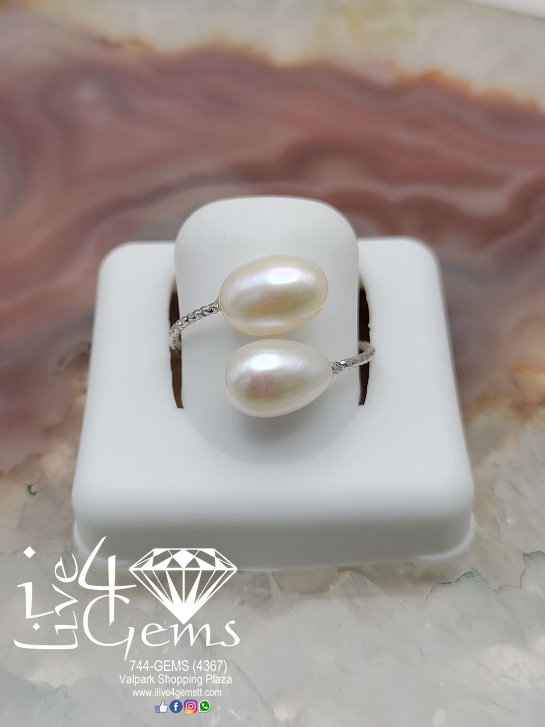 Silver Toned Adjustable Pearl Ring White