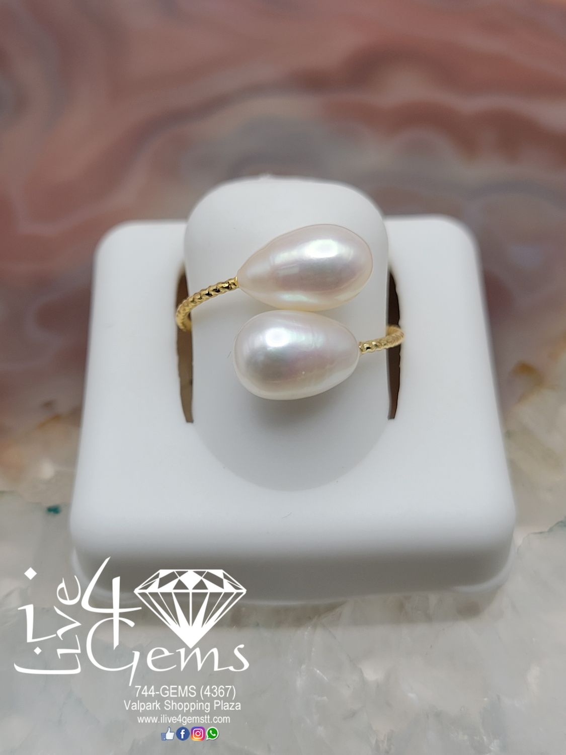 Gold Toned Adjustable Pearl Ring White