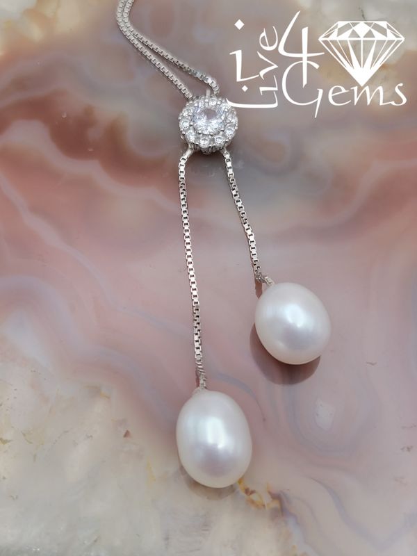 Silver Round Cz Cluster Pearl Tassel Necklace