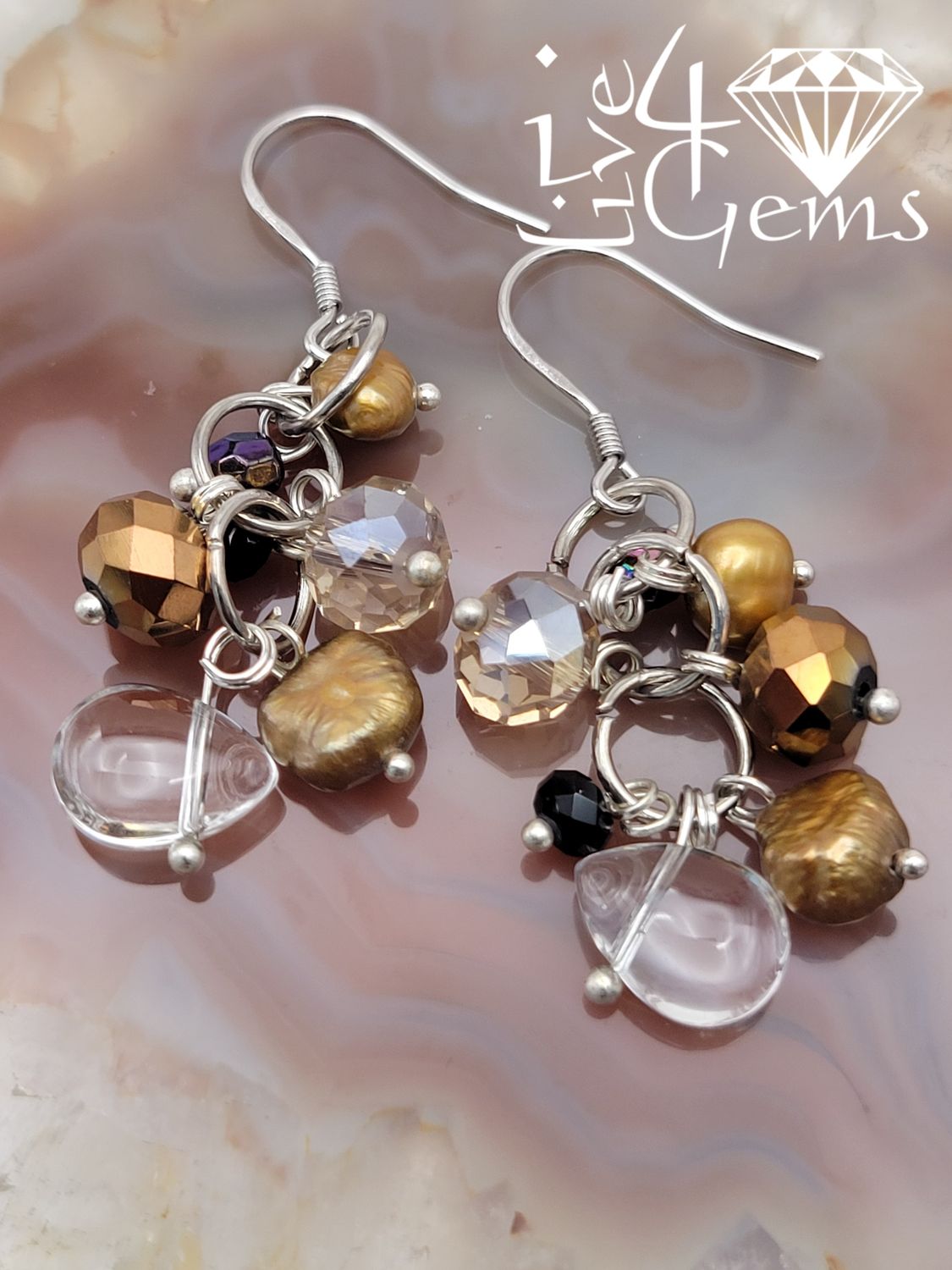 Silver Brown Pearl Clear Teardrop Quartz and Faceted Crystal Hanging Earring