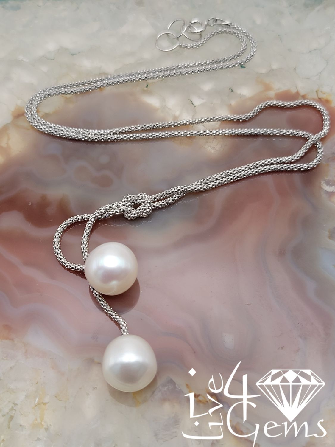 Silver White Pearl Lariat Necklace