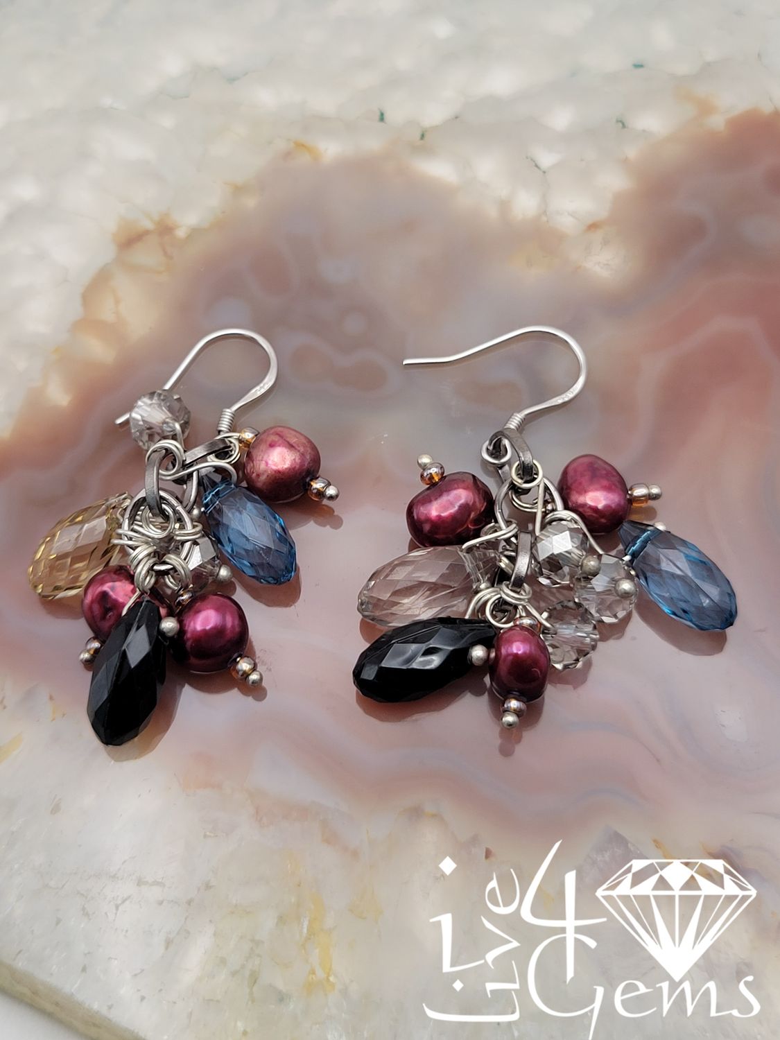 Silver Cranberry Pearl Briolette Clear, Blue, Black Crystal Hanging Earring
