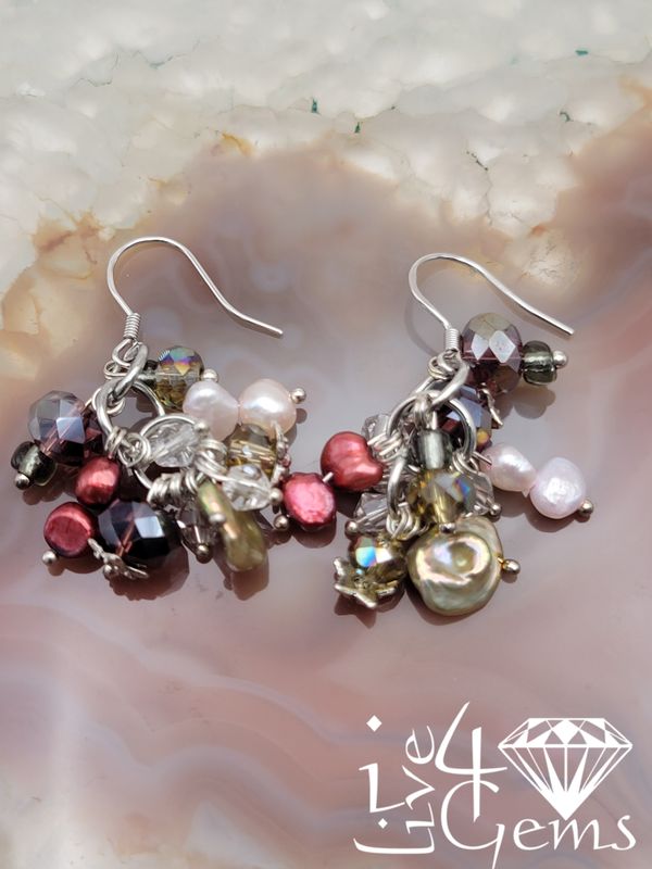 Silver Cranberry and Pink Pearl Crystal Hanging Earring