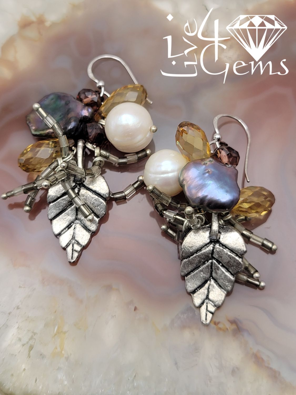 Silver White Round Pearl Leaf Charm Crystal Hanging Earring