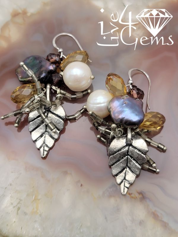 Silver White Round Pearl Leaf Charm Crystal Hanging Earring