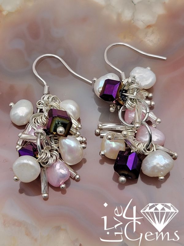 Silver Pink and White Pearl Crystal Cube Hanging Earring