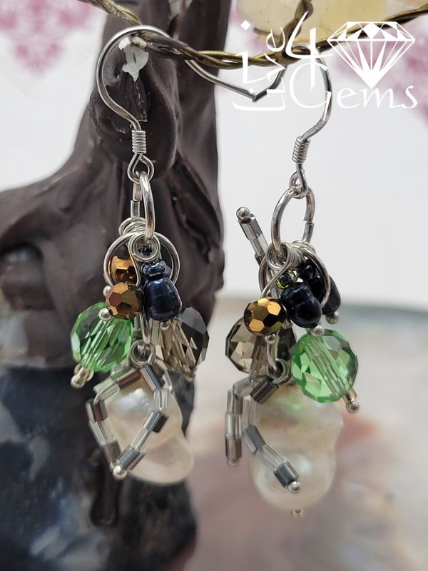 Silver White Baroque Green Crystal Hanging Earring