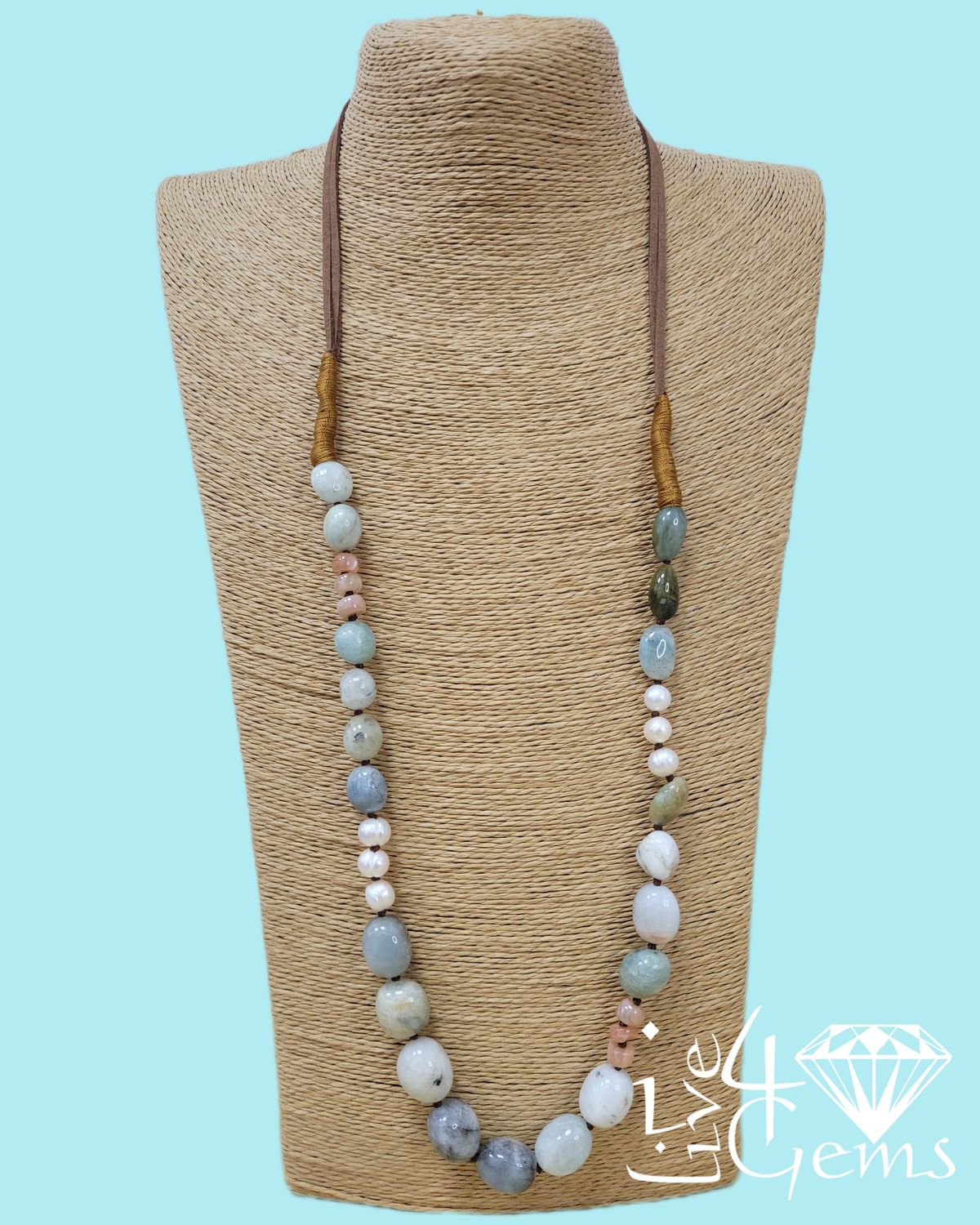 Leather Kiwi Jasper and Pearl Gemstone Necklace