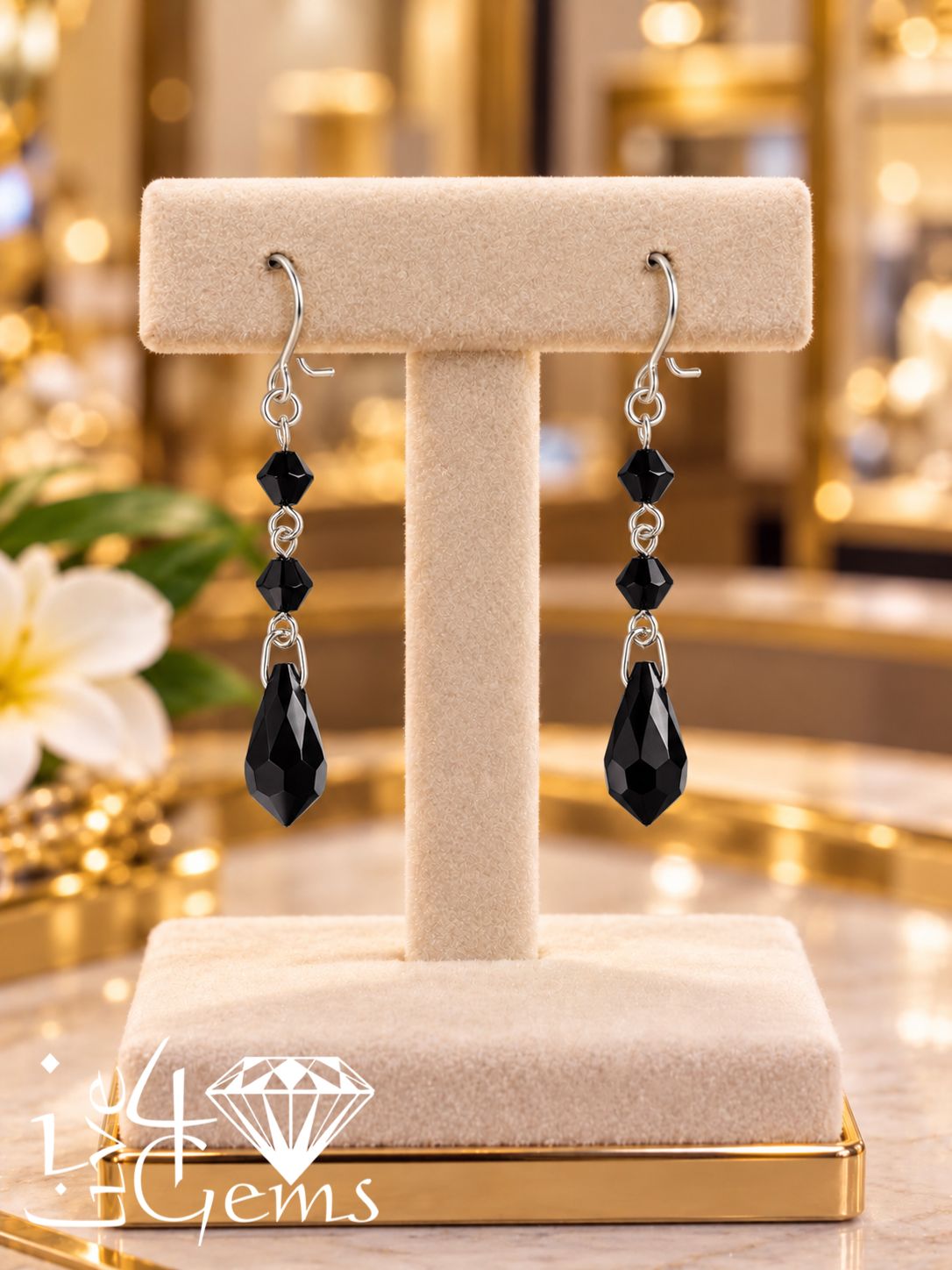 Silver Jet Bead Hanging Earring