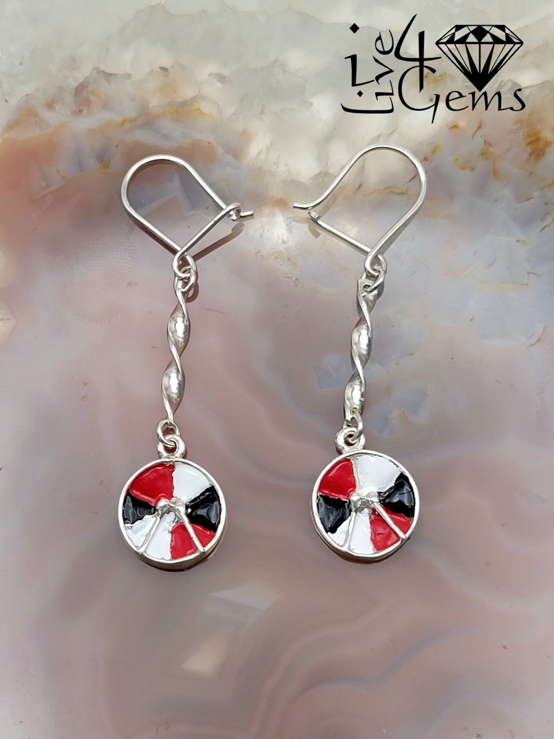 Silver Enamel Red, White and Black Steelpan Charm Hanging Earring