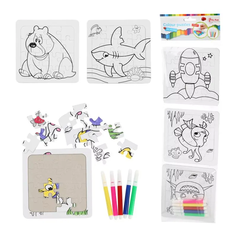 Kleur-je-eigen Puzzels – 3 stuks met viltstiften