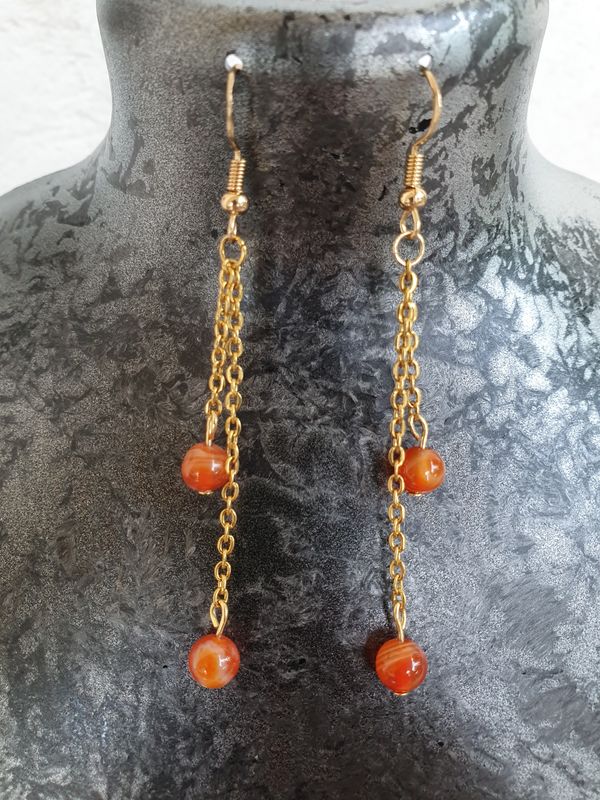 Boucle d&#39;Oreille Duo Cornaline Rubanée 6mm