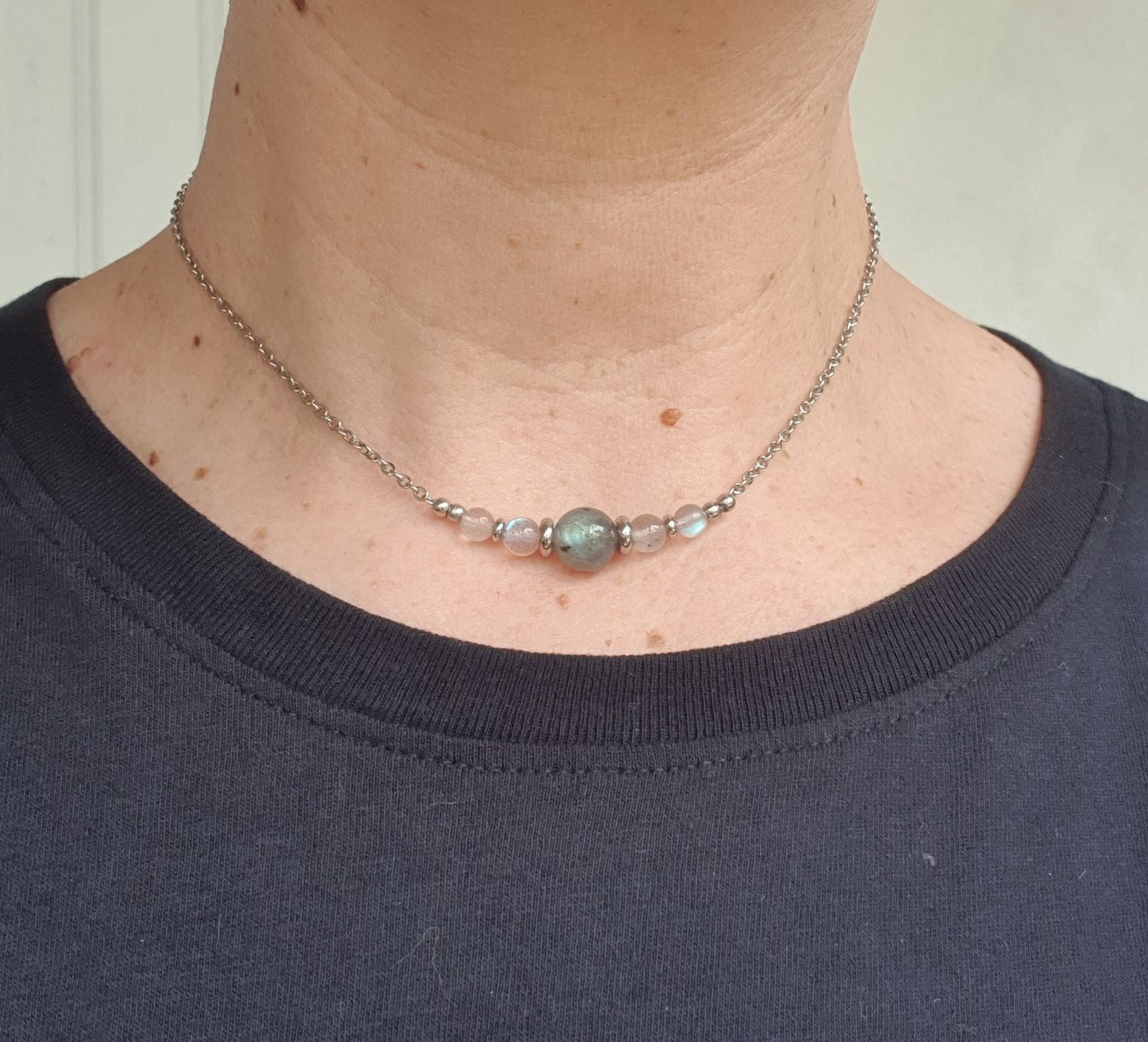 Collier Ras de Cou Labradorite &amp; Acier inoxydable
