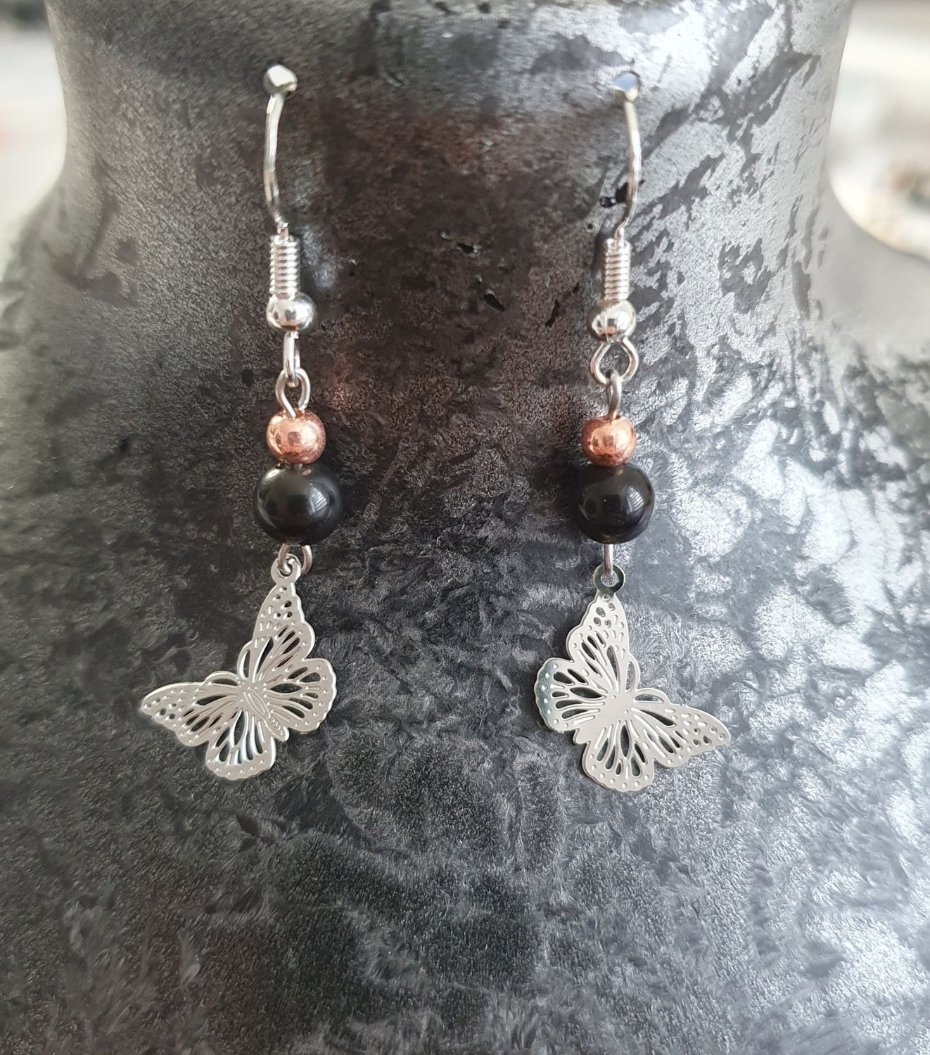 Boucle d&#39;Oreille Butterfly Obsidienne Noire &amp; CCB rosé 6mm