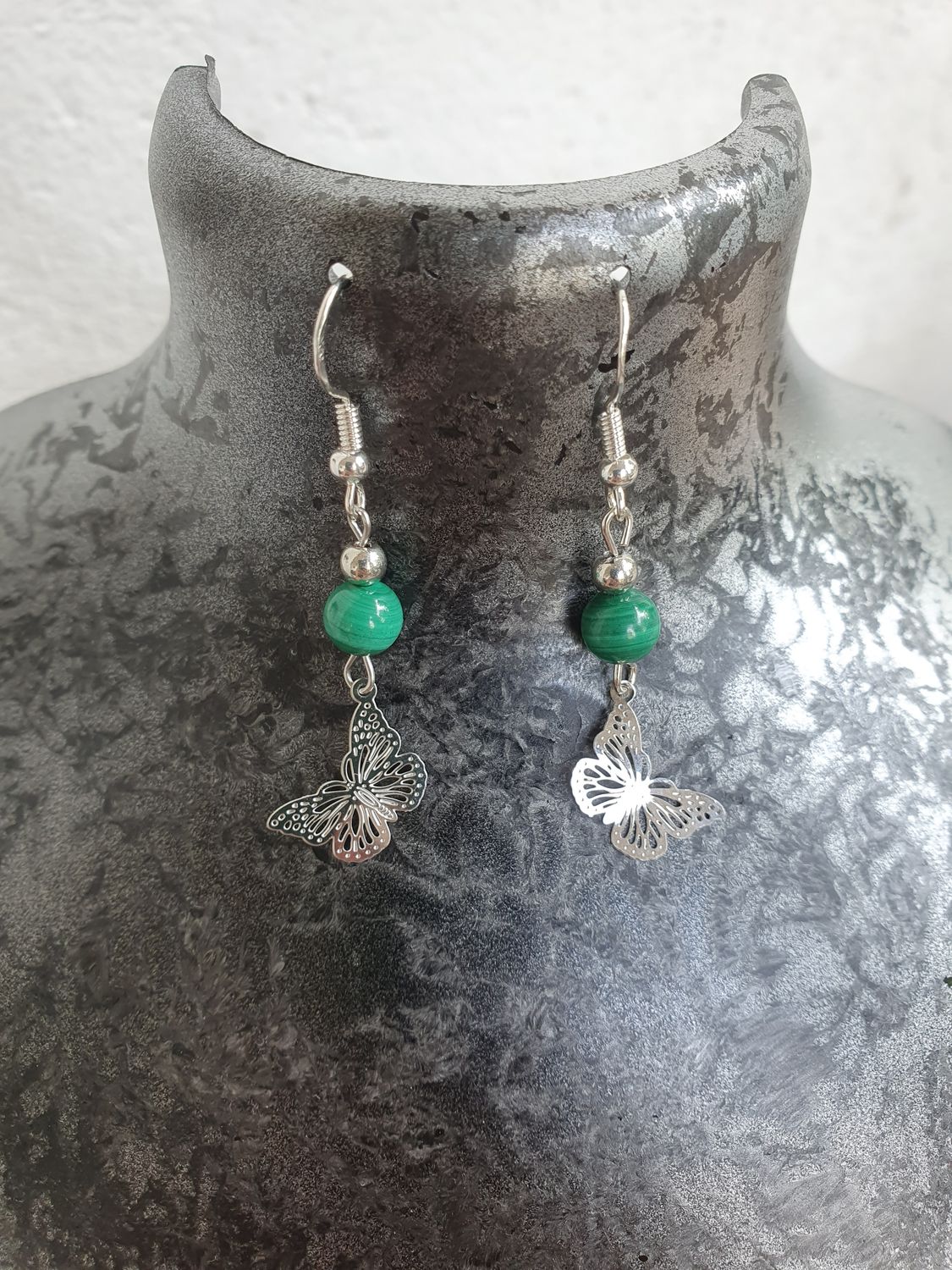 Boucle d&#39;Oreille Butterfly Malachite &amp; CCB Argenté, 6mm