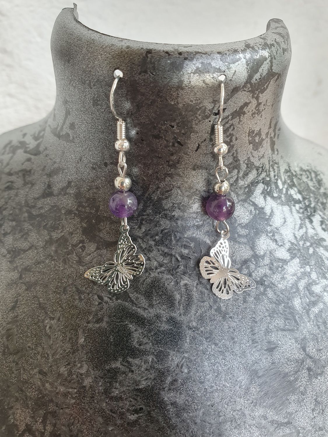 Boucle d&#39;Oreille Butterfly Améthyste &amp; CCB argenté, 6mm