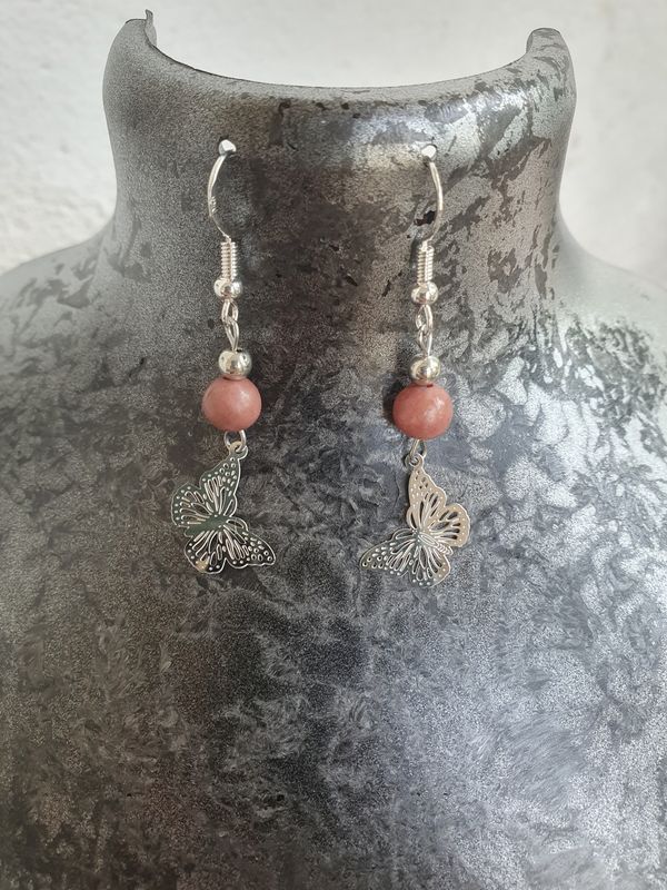 Boucle d&#39;Oreille Butterfly Rhodonite &amp; CCB Argenté, 6mm