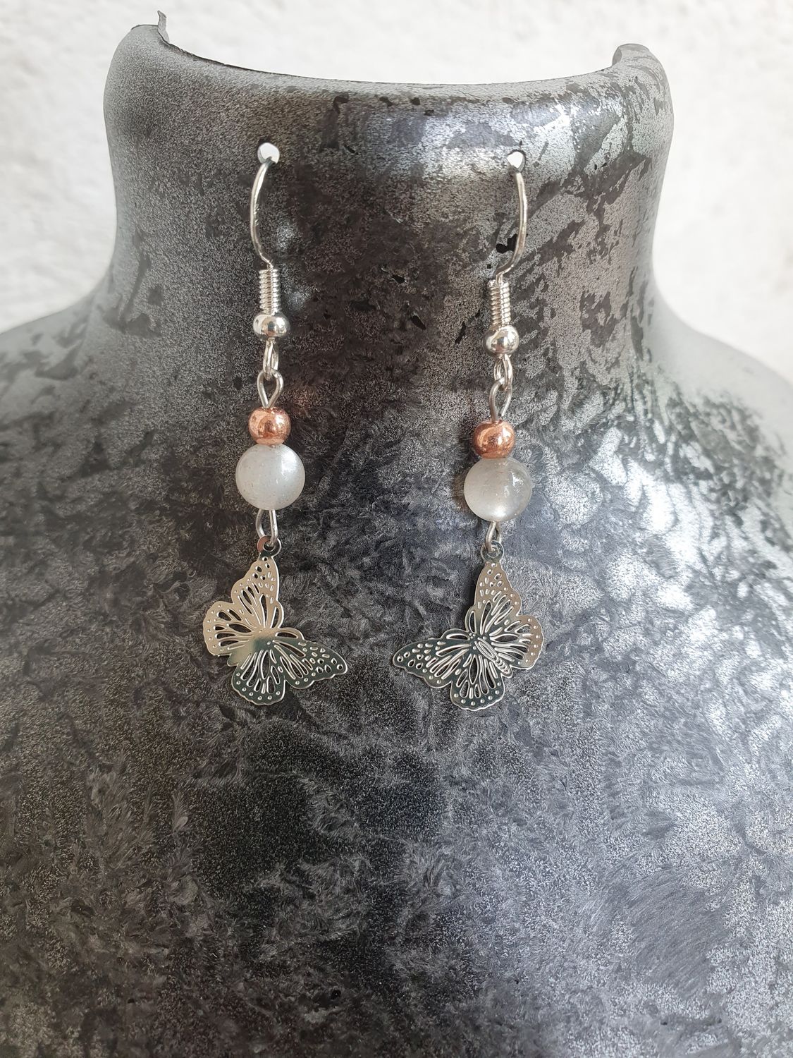 Boucle d&#39;Oreille Butterfly Pierre de Lune Grise &amp; CCB Rosé, 6mm