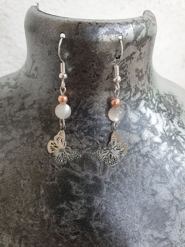 Boucle d&#39;Oreille Butterfly Pierre de Lune Grise &amp; CCB Rosé, 6mm