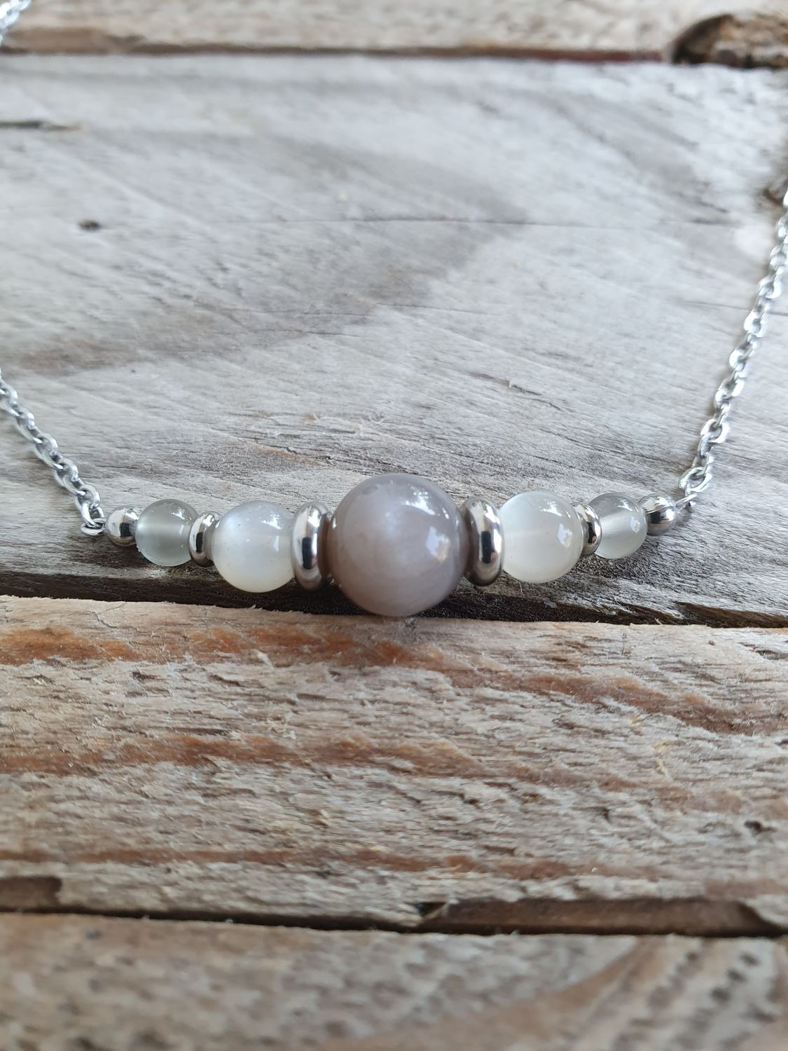 Collier Ras de Cou Pierre de Lune Grise &amp; Acier inoxydable