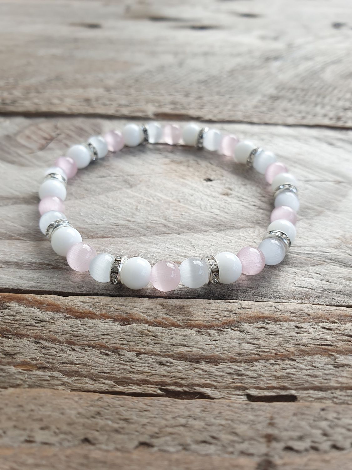 Bracelet Oeil de Chat blanc &amp; rose/Agate blanche 6mm