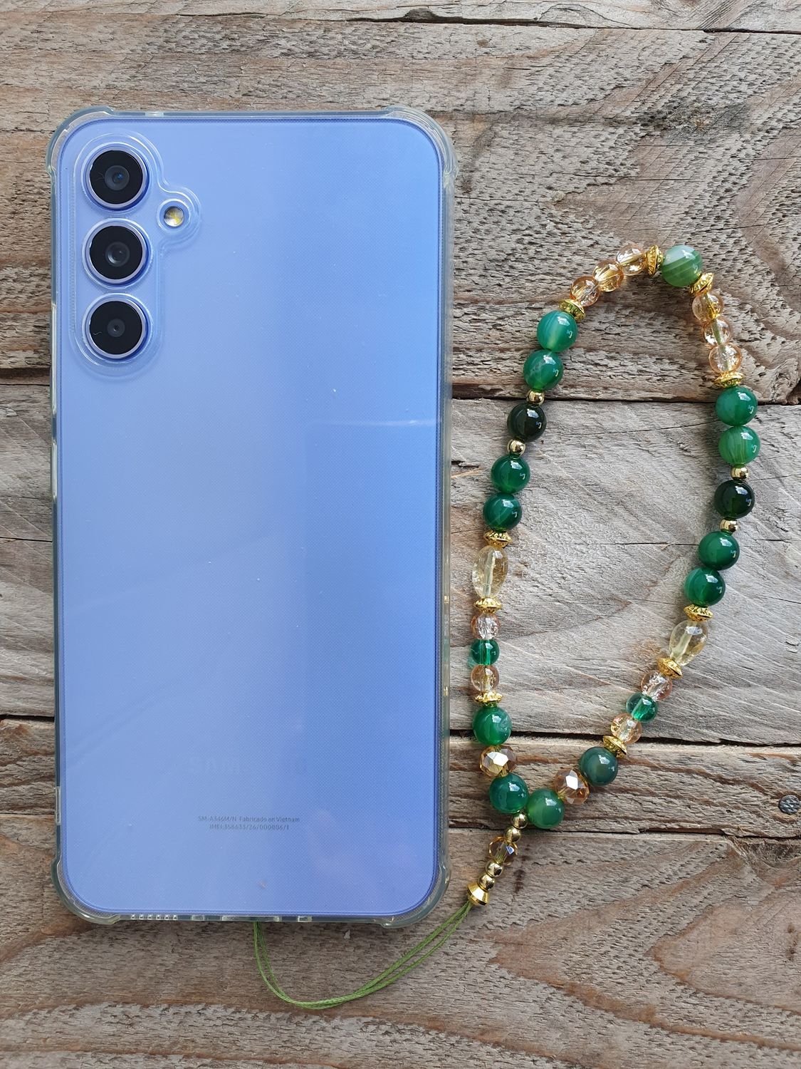 Dragonne Téléphone Agate verte/ Perles de verre M2
