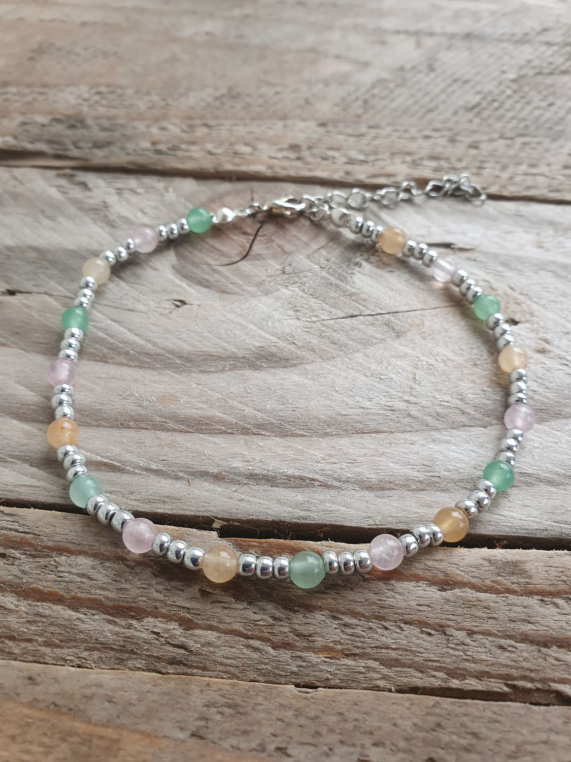 Bracelet de cheville Quartz Rose/Aventurine Verte/Aventurine Orange