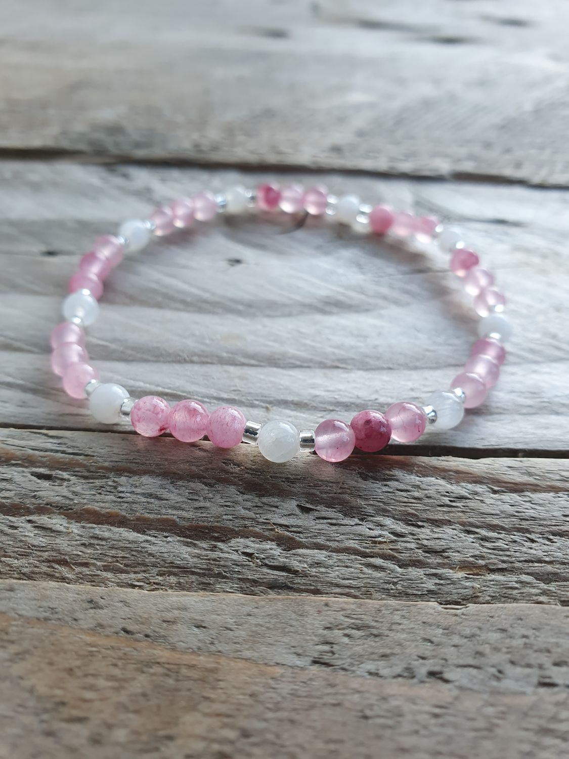 Bracelet Pierre de lune blanche et jade rose