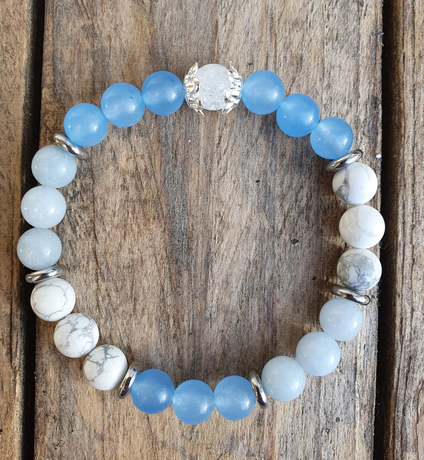 Bracelet Howlite Blanche, Aigue Marine &amp; Calcédoine