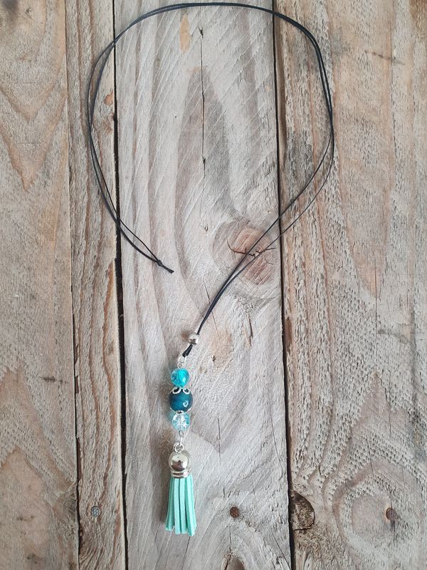 Sautoir Fantaisie Oeil de Tigre Turquoise Bicolore