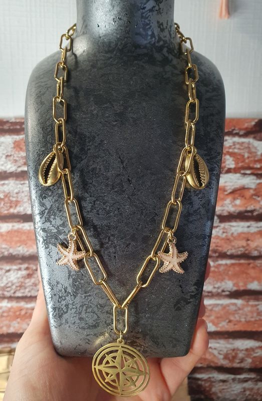 Collier 45cm Grande maille Coquillage Doré