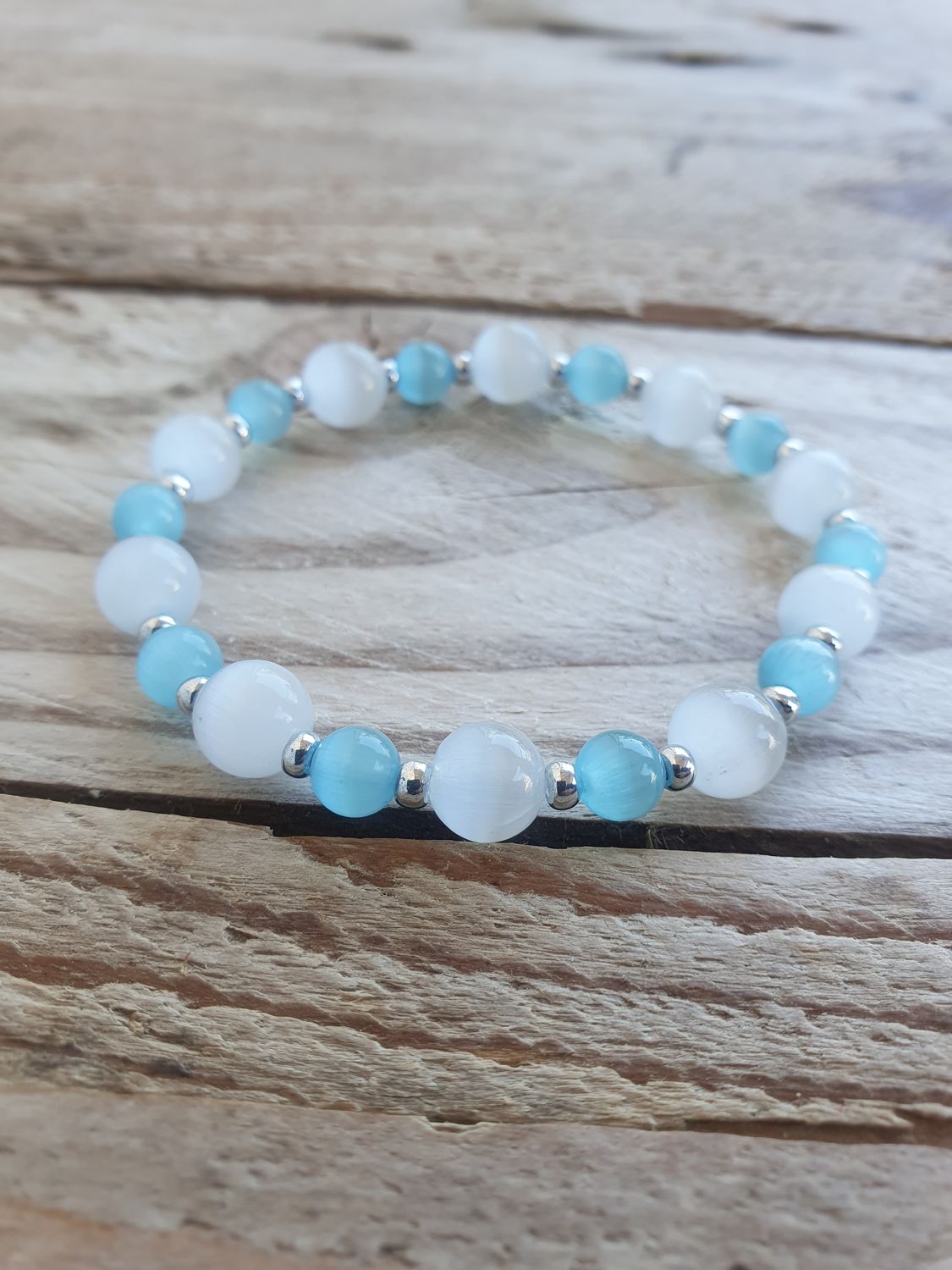 Bracelet Oeil de Chat Blanc 8mm &amp; Bleu 6mm